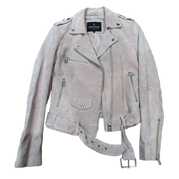 REVIEW Jacket Women’s Small 100% Leather Pink Belted Velour Motorcycle Jacket - Picture 1 of 9
